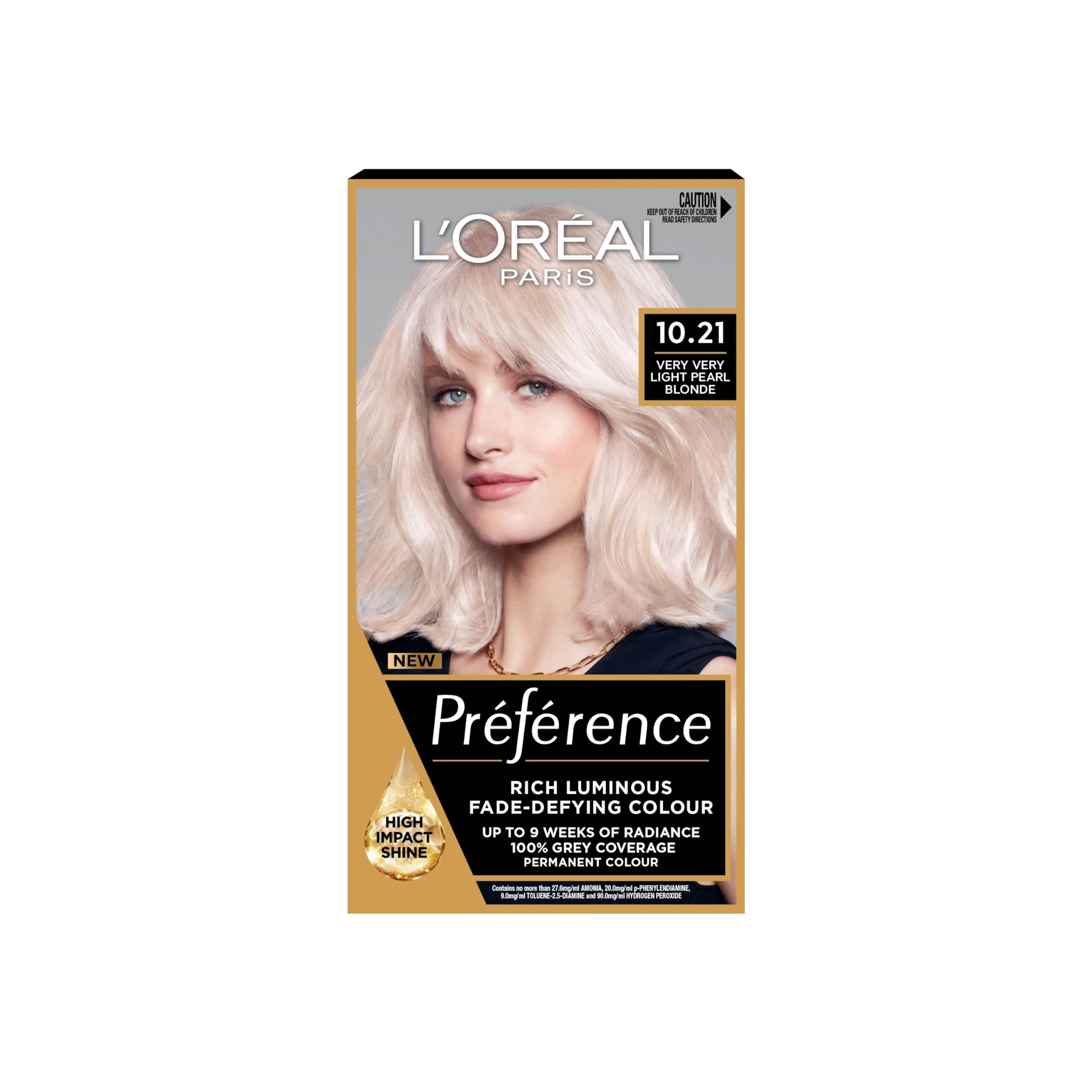 Preference 10.21 Very Very Light Pearl Blonde: Long-lasting, luminous permanent hair colour. Attain radiant, salon-inspired results with this very very light pearl blonde, for shimmering, cool tones.