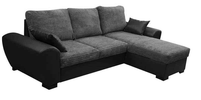 TOMMY CORNER SOFA BED GREY AND BLACK JUMBO CORD FABRIC LEATHER WITH STORAGE