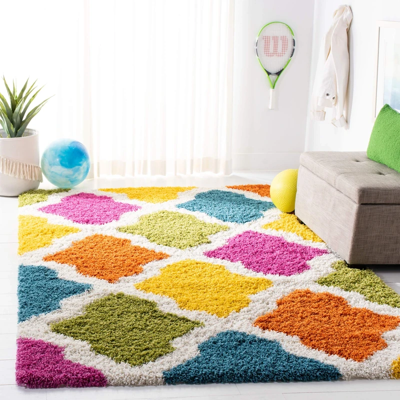 Safavieh Shaggy Rug for Living Room, Dining Room, Bedroom - Kids Shag Collection, High Pile, in Ivory and Multi, 91 X 152 cm