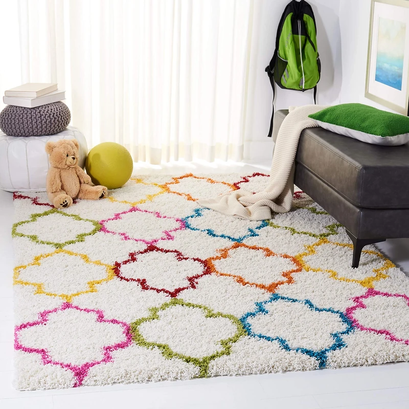 Safavieh Shaggy Indoor Woven Rectangle Area Rug, Kids Shag Collection, SGK569, in Ivory/Multi, 91 x 152 cm for Living Room, Bedroom or Any Indoor Space