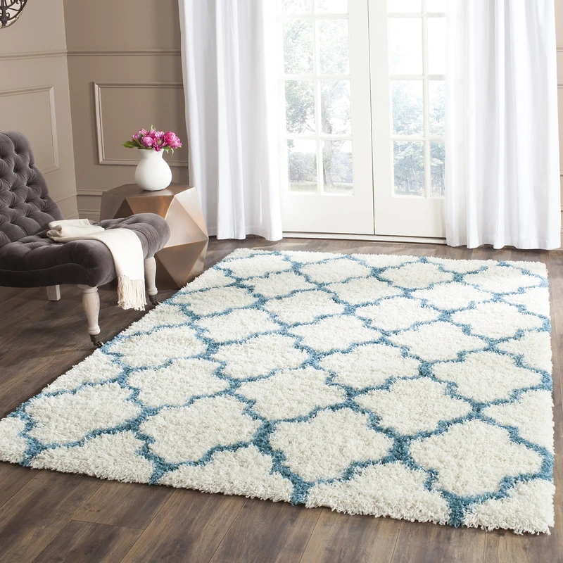 Safavieh Shaggy Rug for Living Room, Dining Room, Bedroom - Kids Shag Collection, High Pile, in Ivory and Blue, 122 X 183 cm