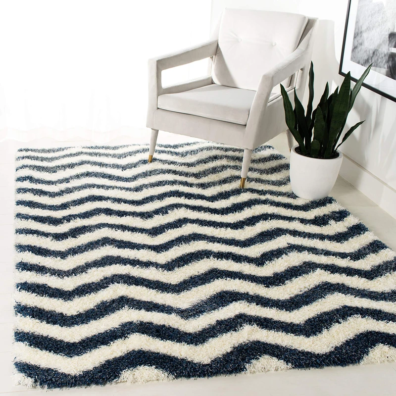 Safavieh Shaggy Indoor Woven Rectangle Area Rug, Montreal Shag Collection, SGM846, in Ivory / Blue, 122 X 183 cm for Living Room, Bedroom or Any Indoor Space