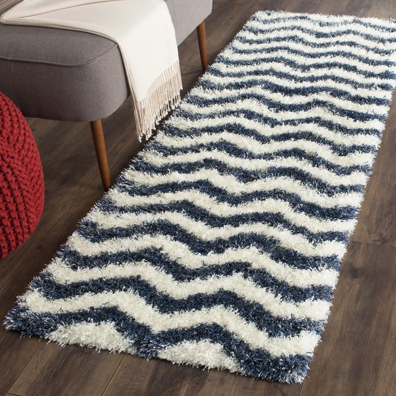Safavieh Shaggy Indoor Woven Runner Area Rug, Montreal Shag Collection, SGM846, in Ivory / Blue, 69 X 213 cm for Living Room, Bedroom or Any Indoor Space