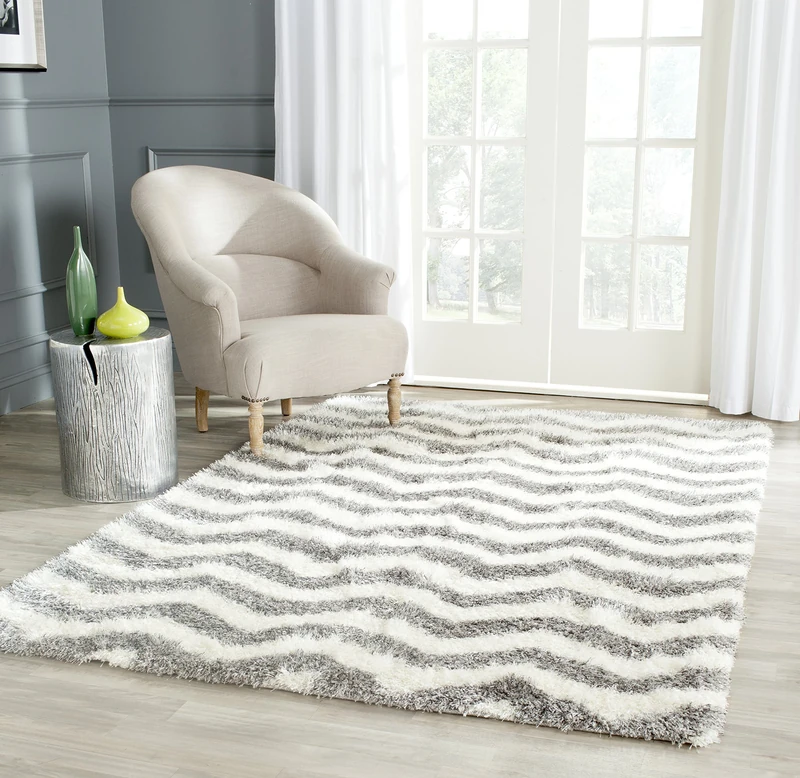 Safavieh Shaggy Indoor Woven Square Area Rug, Montreal Shag Collection, SGM846, in Ivory / Grey, 122 X 122 cm for Living Room, Bedroom or Any Indoor Space