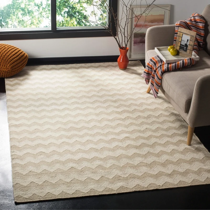 Safavieh Contemporary Indoor Flatweave Rectangle Area Rug, Dhurrie Collection, DHU644, in Beige / Ivory, 122 X 183 cm for Living Room, Bedroom or Any Indoor Space