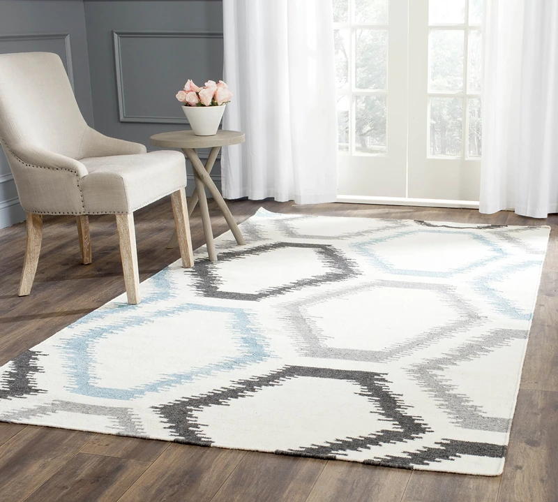 Safavieh Contemporary Indoor Flatweave Rectangle Area Rug, Dhurrie Collection, DHU655, in Ivory / Multi, 152 X 244 cm for Living Room, Bedroom or Any Indoor Space