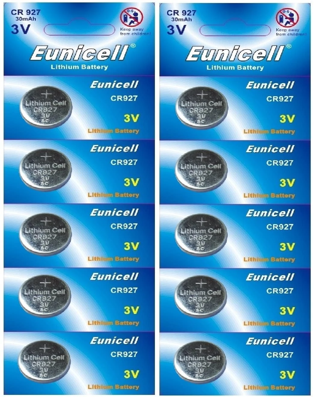 Eunicell Cr927 Lithium Blister Pack 3V 3 Volt Coin Cell Batteries (10 Pcs)