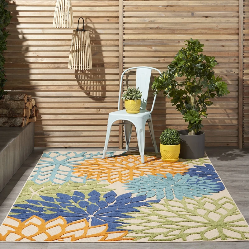 NOURISON Aloha Indoor/Outdoor Floral Blue Multicolor 5'3" x 7'5" Area Rug (5'x8')
