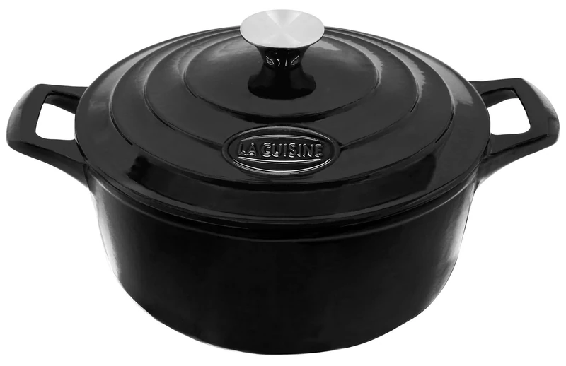 La Cuisine 2140MB Enameled Cast Iron Casserole 26 cm 4.75 Litre Glossy Black Exterior Matter Black Interior