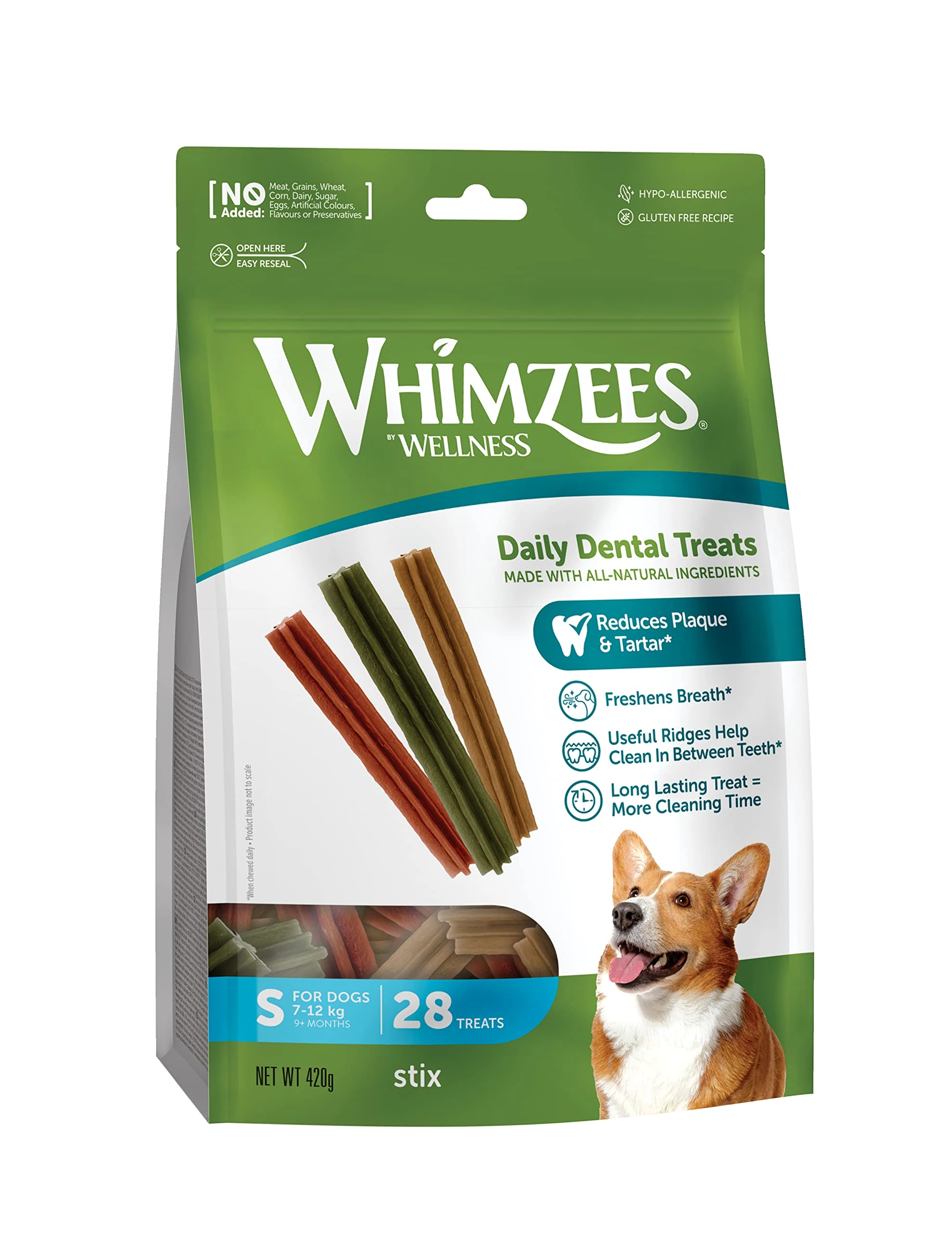 WHIMZEES By Wellness Stix, Dog Dental Sticks, 28 Pieces, Size S, Dog Chews for Small Breeds, Natural, Grain-Free, Rawhide-Free, Vegetarian, No Added Sugar