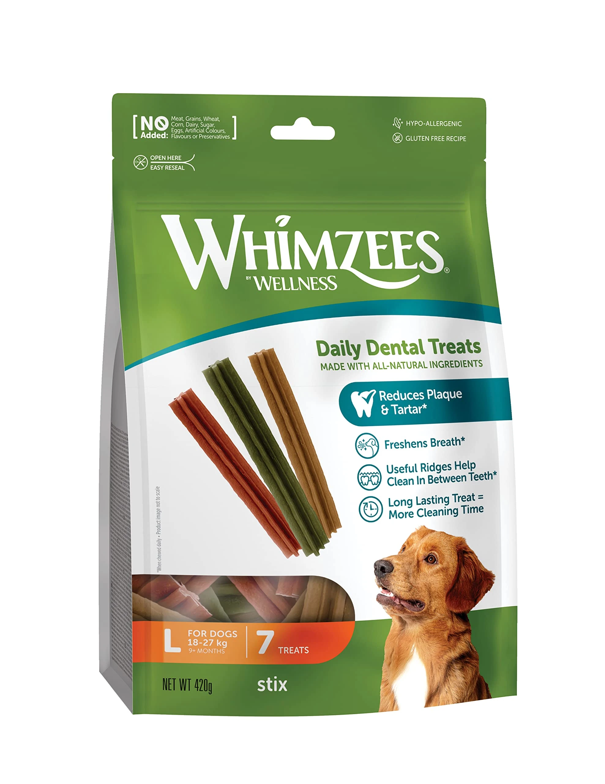 WHIMZEES By Wellness Stix, Dog Dental Sticks, 7 Pieces, Size L, Dog Chews for Large Breeds, Natural, Grain-Free, Rawhide-Free, Vegetarian, No Added Sugar