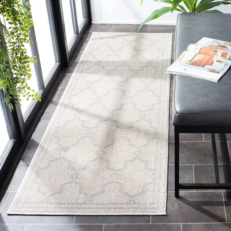 SAFAVIEH Trellis Rug for Indoor & Outdoor - Amherst Collection, Short Pile, in Ivory and Light Grey color, 69 X 213 cm