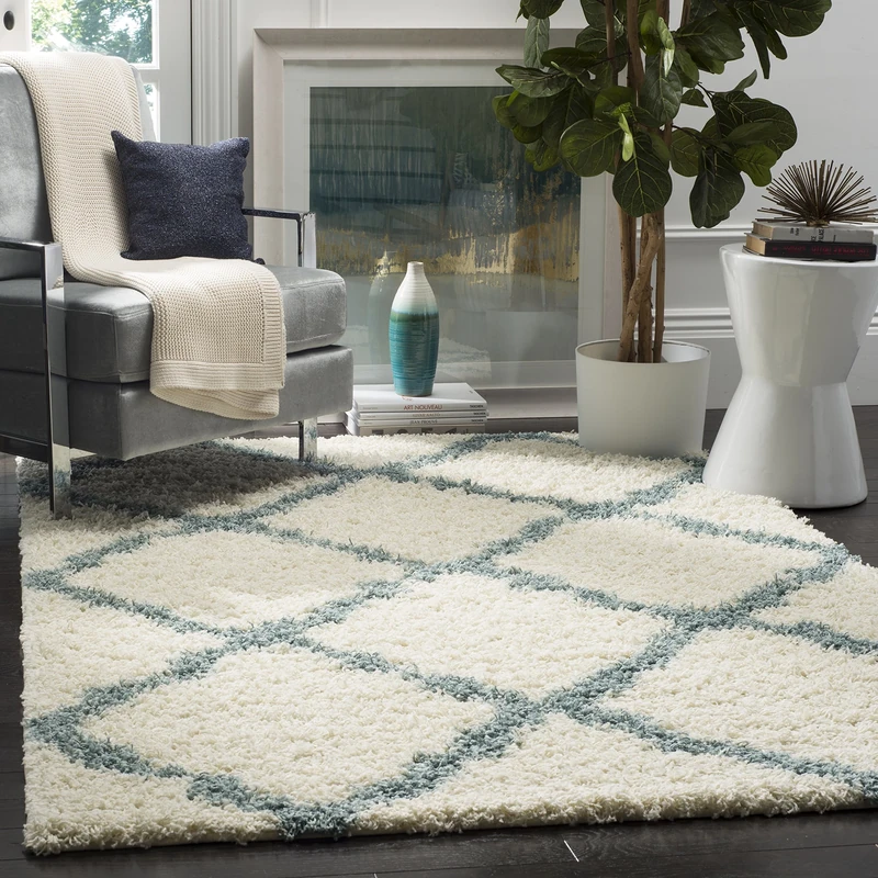 Safavieh Shaggy Indoor Woven Rectangle Area Rug, Dallas Shag Collection, SGD257, in Ivory/Light Blue, 183 X 274 cm for Living Room, Bedroom or Any Indoor Space