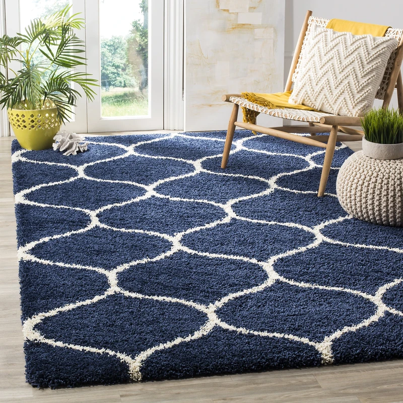 Safavieh Shaggy Indoor Woven Rectangle Area Rug, Hudson Shag Collection, SGH280, in Navy/Ivory, 183 x 274 cm for Living Room, Bedroom or Any Indoor Space