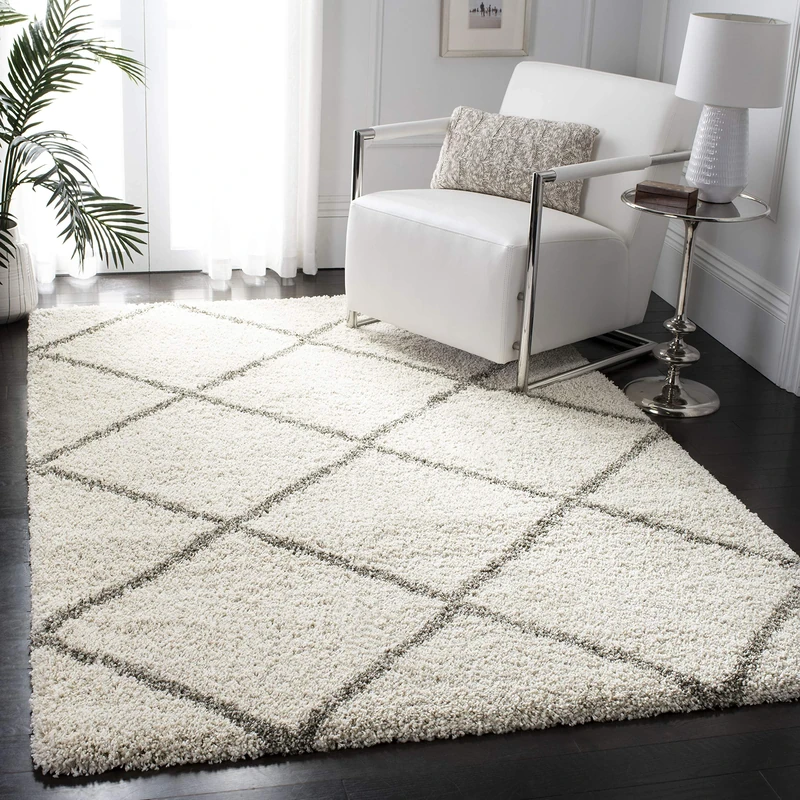 Safavieh Shaggy Indoor Woven Rectangle Area Rug, Hudson Shag Collection, SGH281, in Ivory / Grey, 91 X 152 cm for Living Room, Bedroom or Any Indoor Space