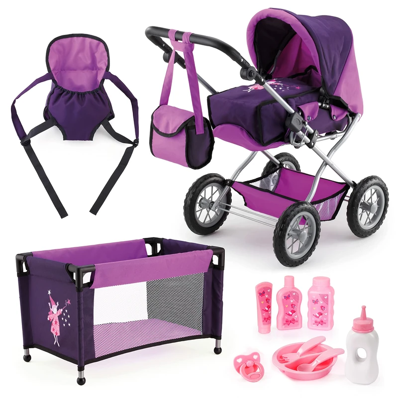 Bayer Design 15012AB Dolls Pram, Stroller Combi Grande set with bag, carrier, travel bed, accessories, purple with fairy