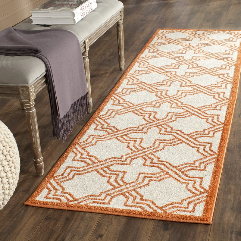 Safavieh Geometric Indoor/Outdoor Woven Runner Area Rug, Amherst Collection, AMT413, in Ivory / Orange, 69 X 213 cm for Garden, Patio or Any Outdoor Space