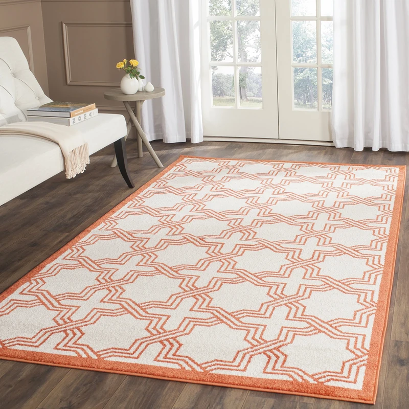Safavieh Geometric Indoor/Outdoor Woven Rectangle Area Rug, Amherst Collection, AMT413, in Ivory / Orange, 122 X 183 cm for Garden, Patio or Any Outdoor Space
