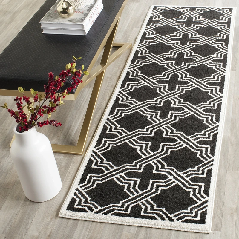 Safavieh Geometric Indoor/Outdoor Woven Runner Area Rug, Amherst Collection, AMT413, in Anthracite / Ivory, 69 X 213 cm for Garden, Patio or Any Outdoor Space