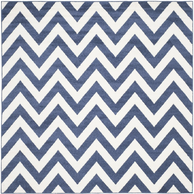 SAFAVIEH Chevron Rug for Indoor & Outdoor - Amherst Collection, Short Pile, in Navy and Beige color, 213 X 213 cm