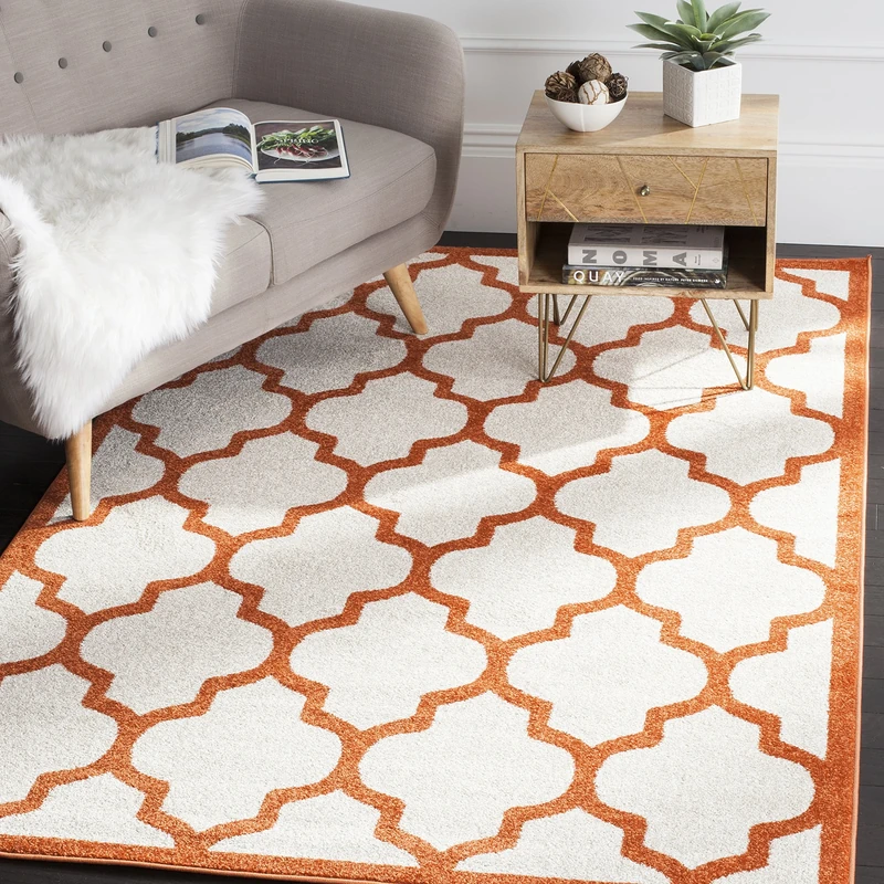 Safavieh Trellis Indoor/Outdoor Woven Rectangle Area Rug, Amherst Collection, AMT420, in Beige / Orange, 152 X 244 cm for Garden, Patio or Any Outdoor Space