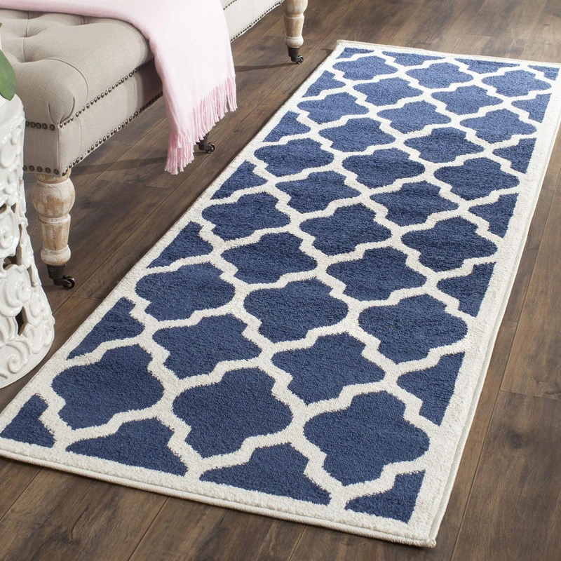 Safavieh Trellis Indoor/Outdoor Woven Runner Area Rug, Amherst Collection, AMT420, in Navy / Beige, 69 X 213 cm for Garden, Patio or Any Outdoor Space