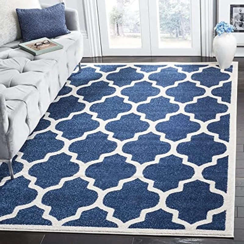 Safavieh Trellis Indoor/Outdoor Woven Square Area Rug, Amherst Collection, AMT420, in Navy / Beige, 213 X 213 cm for Garden, Patio or Any Outdoor Space