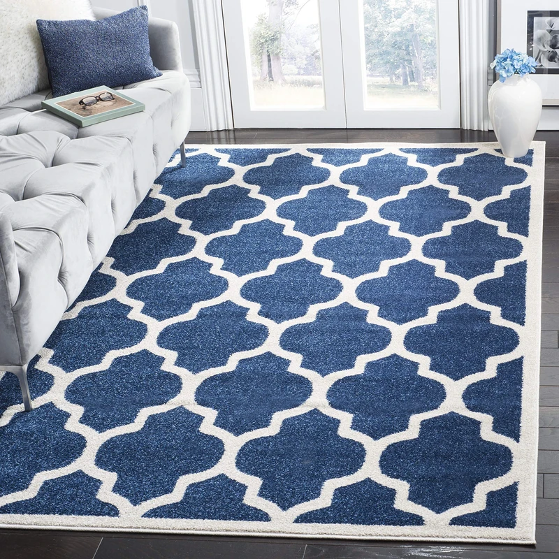 Safavieh Trellis Indoor/Outdoor Woven Rectangle Area Rug, Amherst Collection, AMT420, in Navy / Beige, 183 X 274 cm for Garden, Patio or Any Outdoor Space