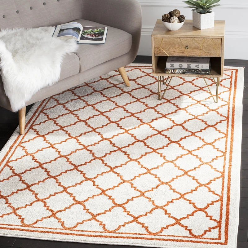 Safavieh Moroccan Trellis Indoor/Outdoor Woven Rectangle Area Rug, Amherst Collection, AMT422, in Beige / Orange, 152 X 244 cm for Garden, Patio or Any Outdoor Space