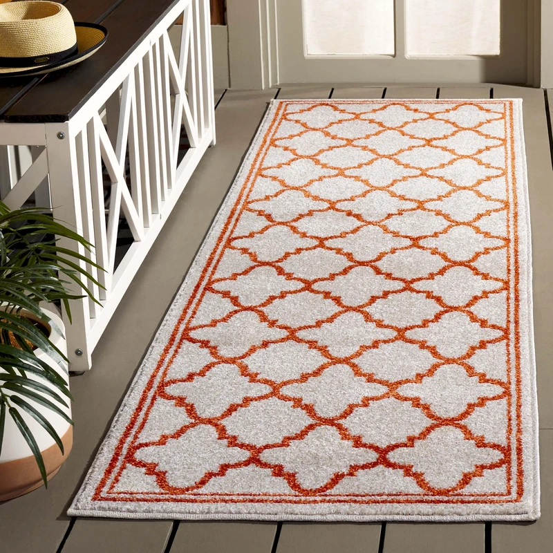 SAFAVIEH Moroccan Trellis Rug for Indoor & Outdoor - Amherst Collection, Short Pile, in Beige and Orange color, 69 X 213 cm