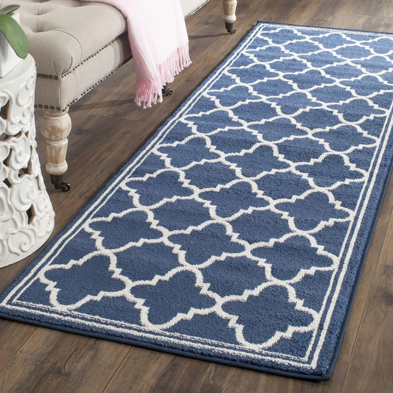 SAFAVIEH Moroccan Trellis Rug for Indoor & Outdoor - Amherst Collection, Short Pile, in Navy and Beige color, 69 X 213 cm
