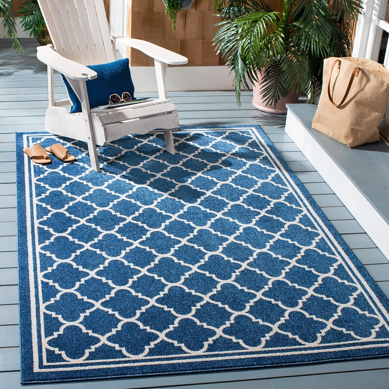Safavieh Moroccan Trellis Indoor/Outdoor Woven Rectangle Area Rug, Amherst Collection, AMT422, in Navy / Beige, 183 X 274 cm for Garden, Patio or Any Outdoor Space