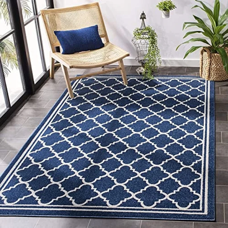 SAFAVIEH Moroccan Trellis Rug for Indoor & Outdoor - Amherst Collection, Short Pile, in Navy and Beige color, 213 X 213 cm