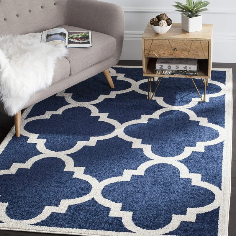 Safavieh Trellis Indoor/Outdoor Woven Rectangle Area Rug, Amherst Collection, AMT423, in Navy / Beige, 152 X 244 cm for Garden, Patio or Any Outdoor Space