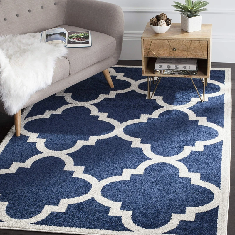 Safavieh Trellis Indoor/Outdoor Woven Rectangle Area Rug, Amherst Collection, AMT423, in Navy / Beige, 122 X 183 cm for Garden, Patio or Any Outdoor Space - Image 1