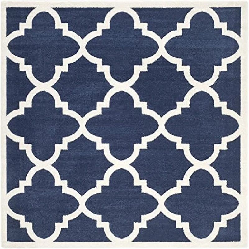 Safavieh Trellis Indoor/Outdoor Woven Square Area Rug, Amherst Collection, AMT423, in Navy / Beige, 213 X 213 cm for Garden, Patio or Any Outdoor Space