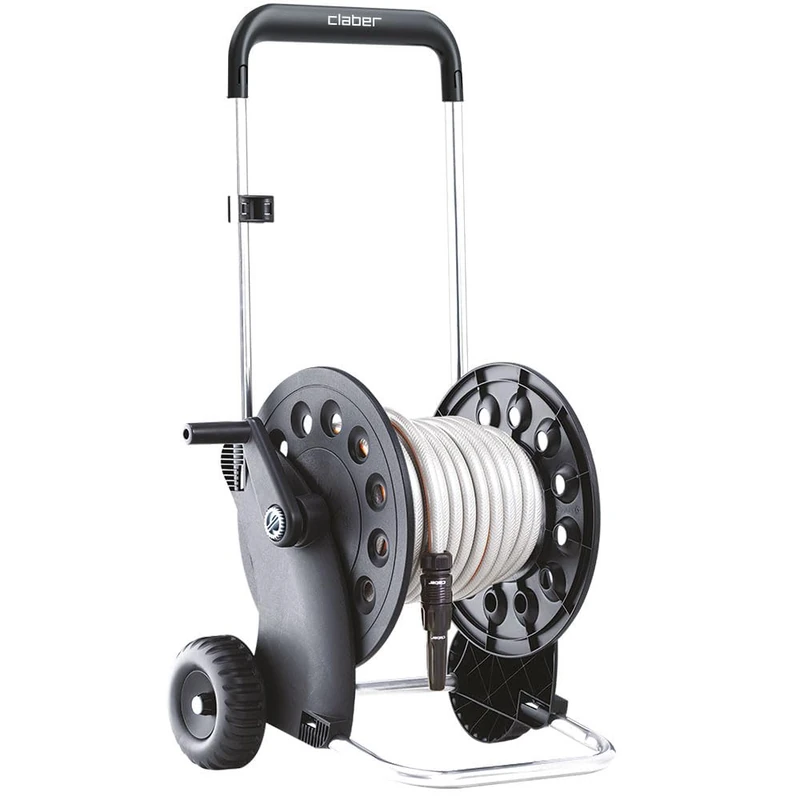 Claber Ecosei Kit, plastic and aluminium hose reel cart with garden hose and spray nozzle