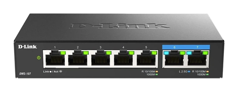 D-Link DMS-107/B 7-Port Multi-Gigabit Unmanaged Switch with Two 2.5G and Five Gigabit Ports, Fanless, Low Profile, Compact, Metal Housing, QoS, Plug and Play