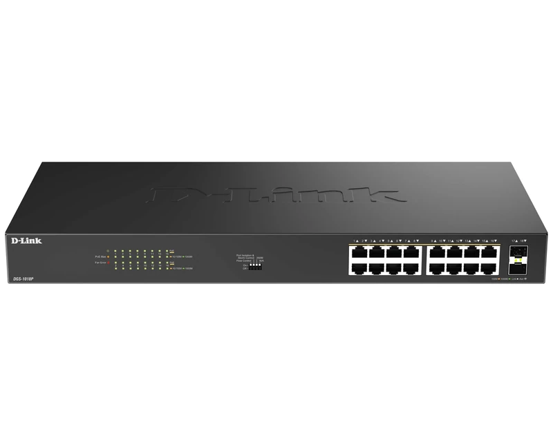 D-Link DGS-1018P 18 Port Unmanaged Gigabit PoE Switch - 16 PoE+ Ports (240W), 2 Uplink SFP, Plug-and-Play, Metal Structure with Fan, Rack Mount, IEEE 802.3af/at, Low Power