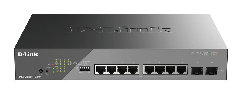 D-Link DSS-200G-10MP/B 10-Port Gigabit PoE+ Smart Surveillance Switch 8x 1000BASE-T PoE+ and 2x SFP, 802.3af/at, 130W PoE budget, Extend to 250m, Fanless, VLAN, QoS, ERPS, ONVIF