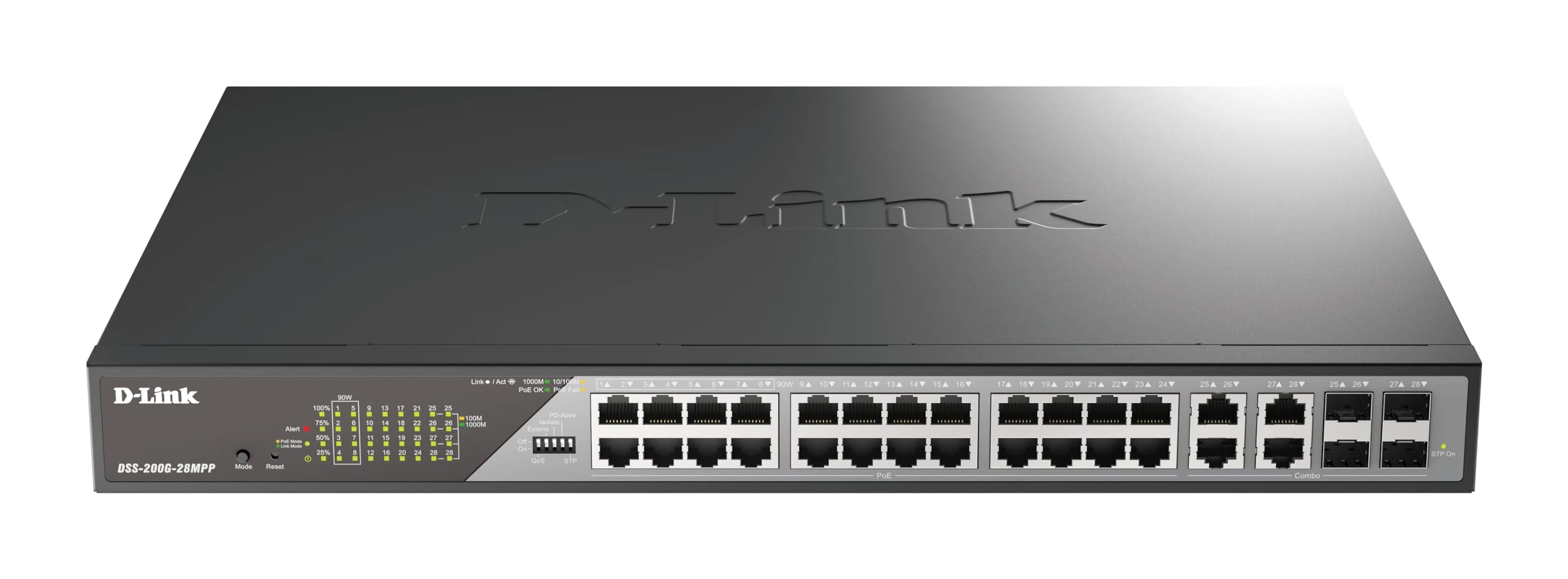 D-Link DSS-200G-28MPP/B - 28-Port Gigabit PoE++ Smart Surveillance Switch 24 x 1000BASE-T PoE++ 2x combo SFP, 802.3af/at/bt, 518W PoE budget, Extend to 250m, VLAN, QoS, ERPS, ONVIF