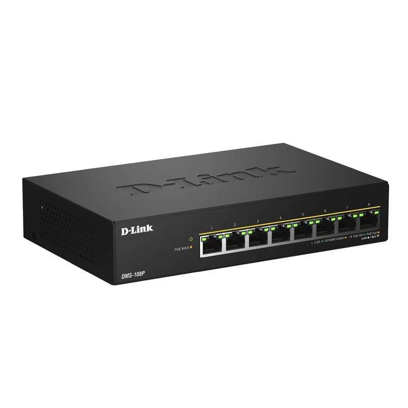 D-Link DMS-108P 8-Port Multi-Gigabit Unmanaged PoE Switch – 2.5GbE, 230W Power Budget, 802.3af/at/bt, Fanless, Plug & Play, Metal Housing, IGMP Snooping, QoS, Green Ethernet