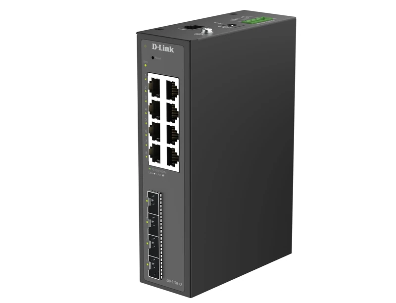 D-Link DIS-210G-12 12-Port Industrial Gigabit Smart Managed Switch with 8 x RJ45, 4 x SFP, DIN Rail Mount, IP40 Metal Housing, ERPS, Dual Power Input, -40 to 75°C, Layer 2