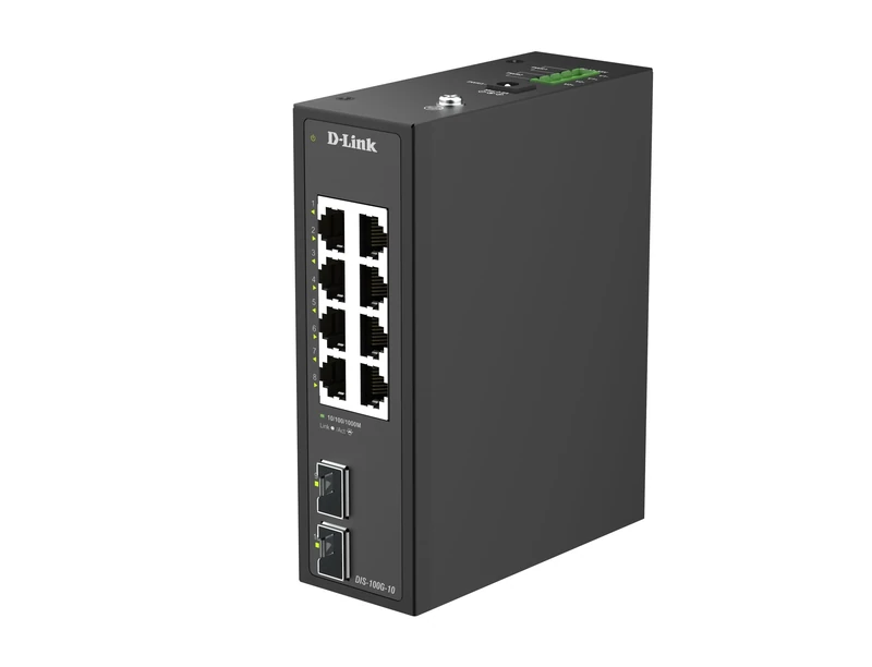 D-Link DIS-100G-10 10-Port Gigabit Industrial Unmanaged Switch – 8 x Gigabit Ports, 2 x SFP Uplink, IP40 Metal Casing, Wide Temperature Range -40-75°C, Dual Power Input, Fanless Design