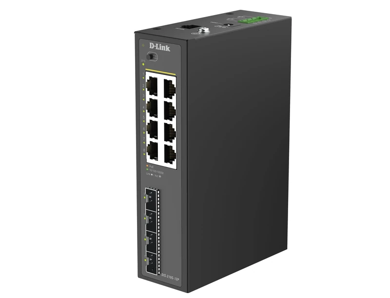 D-Link DIS-210G-12P Industrial Gigabit Smart Managed PoE+ Switch, 8 x RJ45 PoE+ Ports, 4 x SFP, 240W Budget, DIN Rail, IP40, ERPS, Dual DC Input, -40 to 75°C