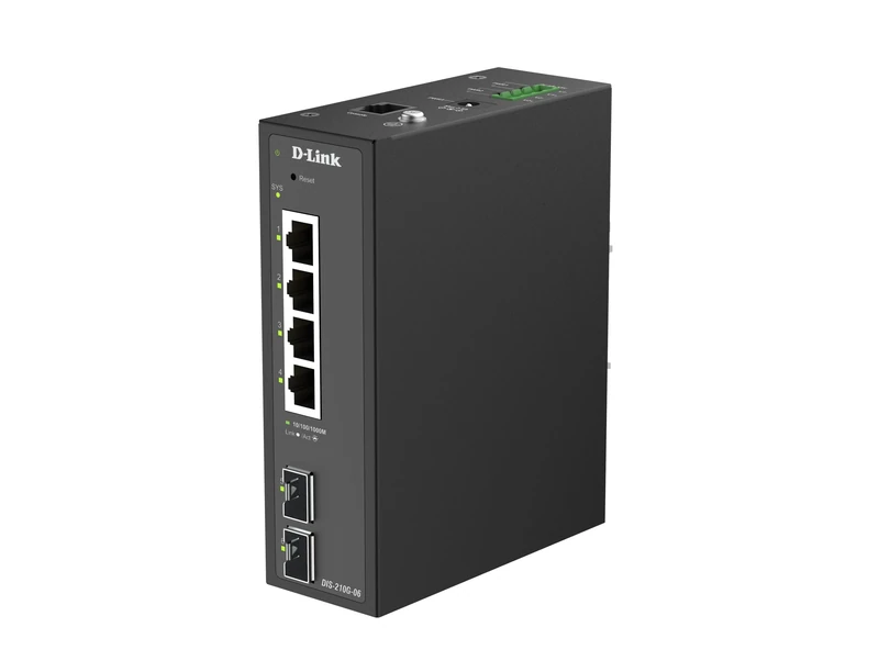 D-Link DIS-210G-06 6-Port Industrial Gigabit Smart Managed Switch with 4 x RJ45, 2 x SFP, DIN Rail Mount, IP40 Metal Housing, ERPS, Dual Power Input, -40 to 75°C, Layer 2