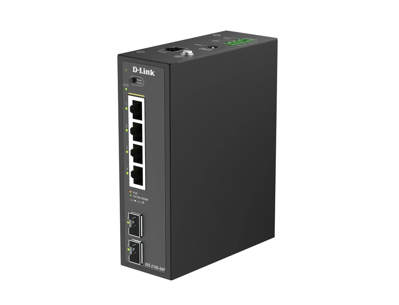 D-Link DIS-210G-06P Industrial Gigabit Smart Managed PoE+ Switch, 4 x RJ45 PoE+ Ports, 2 x SFP, 120W Budget, DIN Rail, IP40, ERPS, Dual DC Input, -40 to 75°C