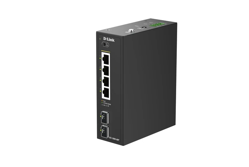 D-Link DIS-100G-06P 6-Port Gigabit Industrial Unmanaged PoE Switch – 4 PoE Ports (120W), 2 SFP Uplinks, IP40 Metal Housing, -40~75°C, Fanless Design, DIN Rail Mount, Dual Power Input