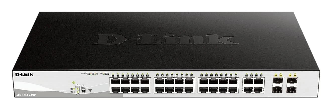 D-Link DGS-1210-28MP/E - PoE Switch 24 Gigabit Ports and 4 Combo SFP Ports (24x PoE max. 30W per Port up to a Total 370W), Automatic VLAN for Video Surveillance and IP Telephony - EU Cable