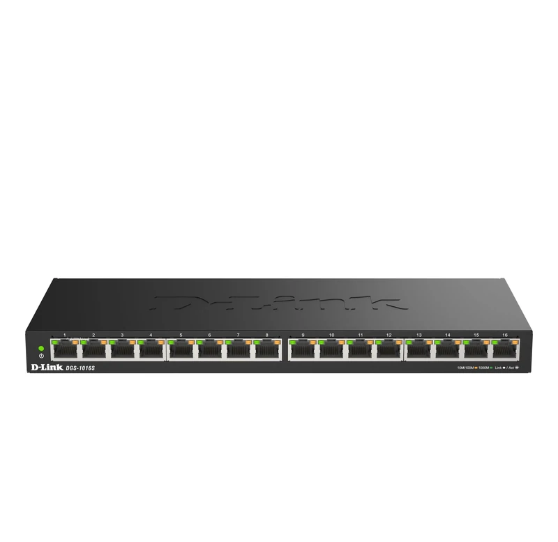 D-Link DGS-1016S 16-Port Gigabit Unmanaged Switch, Fanless, Low Profile, Metal Housing, Desktop/Wall Mount, Plug-and-Play, 802.1p QoS, 802.3az EEE black DGS-1016S